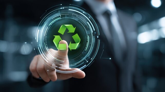 A businessman interacts with a digital recycling symbol, emphasizing sustainability and technology in an innovative environment. - Powered by Adobe
