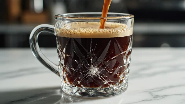 Coffee being poured into a mug until it cracks and spills due to an impact. Exploding drink and broken glass concept. Slow motion footage.