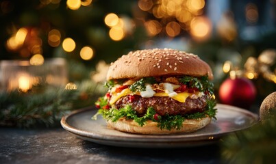 A large hamburger with lettuce and cheese on a white plate