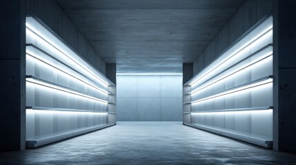 A modern corridor featuring illuminated shelves against a concrete backdrop, creating a sleek, minimalist aesthetic.