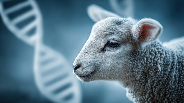 A close-up of a sheep's face, set against a blue background featuring DNA strands, highlighting themes of genetics and agriculture.