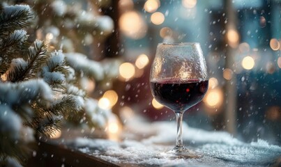 A glass of red wine is sitting on a table next to a Christmas tree