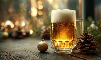 A glass of beer sits on a wooden table with a Christmas ornament