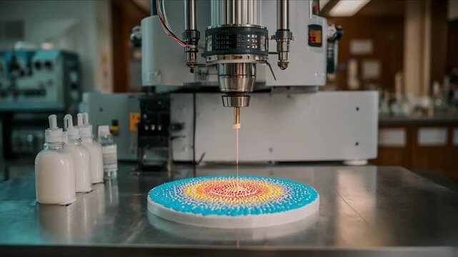 Medium shot of robotic cake decorator applying intricate programmable patterns on cake surface with precise movements and colorful icing in a controlled environment.