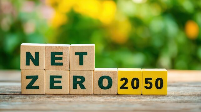 The image features wooden blocks displaying "NET ZERO 2050," symbolizing a commitment to achieving carbon neutrality by the year 2050, set against a blurred green background.