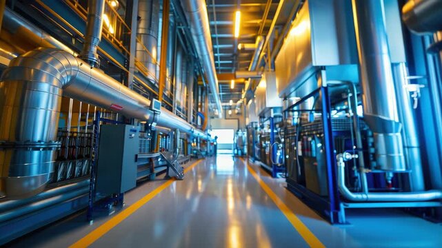 Modern industrial facility with large machinery, pipes, and polished floor