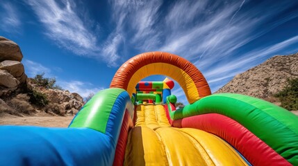 A vibrant inflatable slide against a blue sky, set in a rocky landscape, providing a fun outdoor activity for children.