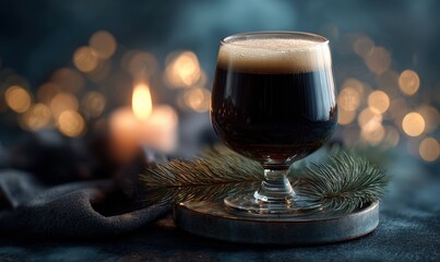 A glass of dark beer is sitting on a table next to a candle