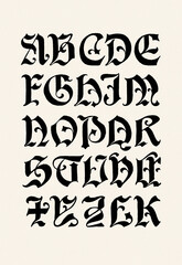 Hand-drawn alphabet created with ink and pen. Artistic black lettering in ornamental calligraphic style on beige paper background.