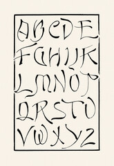 Hand-drawn alphabet created with ink and pen. Artistic black lettering in ornamental calligraphic style on beige paper background.