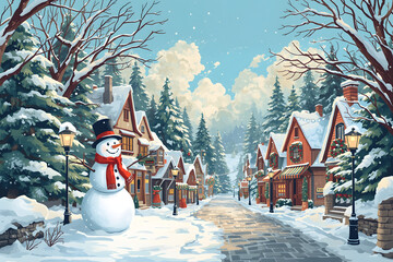Winter Christmas Street Village City with trees, pine, fir, snow and snowman. Hand drawn illustration.