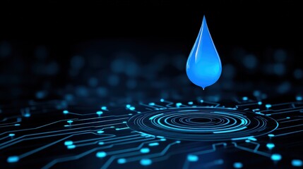 A blue water droplet hovers above a digital circuit board, symbolizing the intersection of nature and technology.