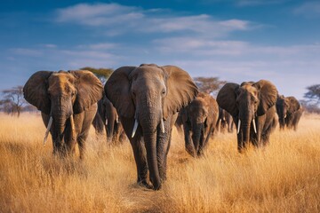 Fototapeta premium Wonders of nature: elephant herds through african landscapes. Action poster. Morning light: herd of elephants in tarangire's verdant grasslands. Cinema artwork. Adventure poster.