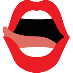 Close up of an open mouth with red lips and a protruding tongue against a black interior showing a graphic representation of speech or expression