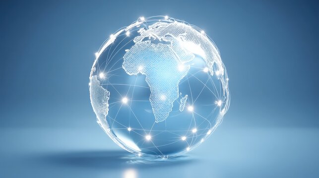 A digital globe design with a focus on Africa, connected by glowing lines, symbolizing global connectivity and technology.
