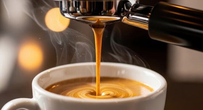 Freshly brewed hot espresso streaming into a cup, rich and aromatic coffee preparation