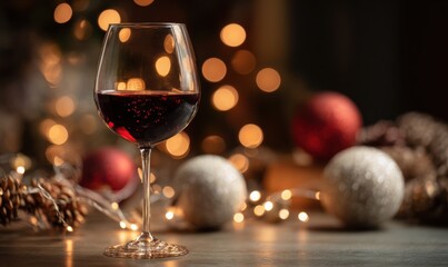 A glass of red wine is sitting on a table with a bunch of Christmas ornaments