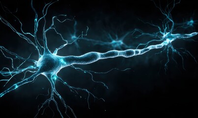 A blue and white image of a brain with many neurons