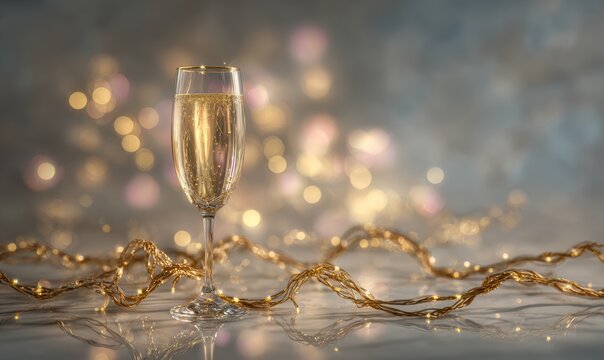 A glass of champagne is sitting on a table with a gold colored string around it