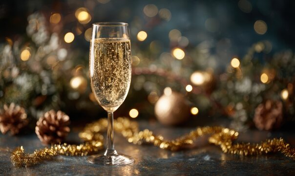 A glass of champagne is sitting on a table with a Christmas tree decoration