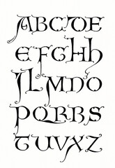 Fototapeta premium Hand-drawn alphabet created with ink and pen. Artistic black lettering in elegant ornamental style on white background.