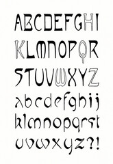 Hand-drawn alphabet created with ink and pen. Artistic black lettering in elegant ornamental style on white background.