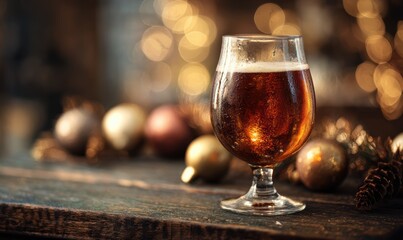 A glass of beer sits on a wooden table with a bunch of Christmas ornaments aroun