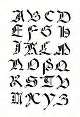 Hand-drawn alphabet created with ink and pen. Artistic black lettering in elegant ornamental style on white background.