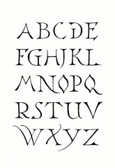 Hand-drawn alphabet created with ink and pen. Artistic black lettering in elegant ornamental style on white background.
