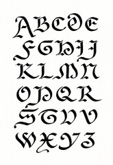 Hand-drawn alphabet created with ink and pen. Artistic black lettering in elegant ornamental style on white background.