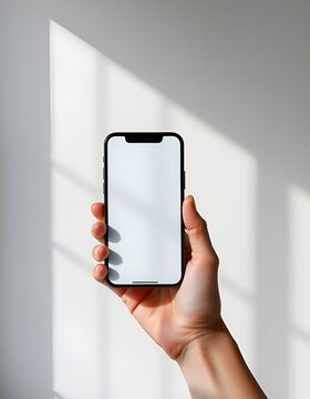 Hand holding modern smartphone with empty screen. Mobile phone mockup for app developers and designers. Ideal for showcasing digital products and mobile applications.
