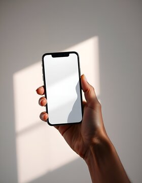 Hand holding modern smartphone with empty screen. Mobile phone mockup for app developers and designers. Ideal for showcasing digital products and mobile applications.
