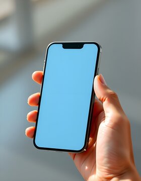 Hand holding modern smartphone with empty screen. Mobile phone mockup for app developers and designers. Ideal for showcasing digital products and mobile applications.
