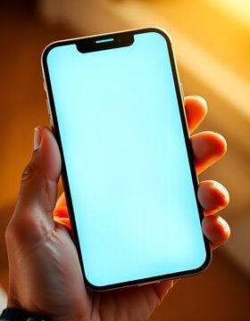 Hand holding modern smartphone with empty screen. Mobile phone mockup for app developers and designers. Ideal for showcasing digital products and mobile applications.
