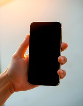 Hand holding modern smartphone with empty screen. Mobile phone mockup for app developers and designers. Ideal for showcasing digital products and mobile applications.
