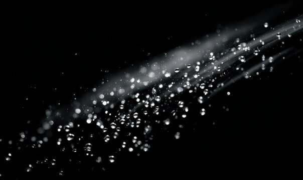 A black and white photo of water droplets falling from a hose - Powered by Adobe