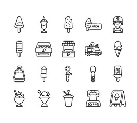 20 set of outline web ice cream shop icons such as ice cream,  , ice cream, syrup vector thin icons for report, presentation, diagram, web design, mobile app