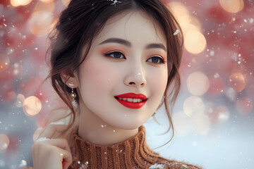 Winter Beauty asian Woman. Christmas asian Girl Makeup