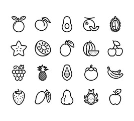 20 set of outline web fruit icons such as peach, fruit, grapes, strawberry, rose vector thin icons for report, presentation, diagram, web design, mobile app