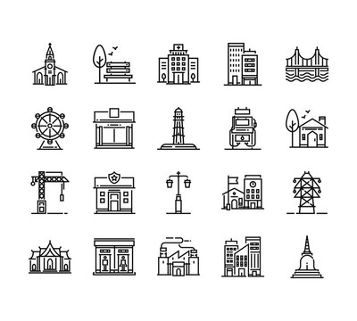 20 set of outline web city and village icons such as park, ferris wheels, crane, temple, factory vector thin icons for report, presentation, diagram, web design, mobile app