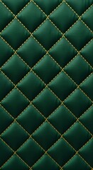 Fototapeta premium Padded green fabric with golden diamond pattern stitching, luxurious quilted texture for elegant interior design and festive holiday background.