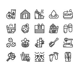 20 set of outline web sauna icons such as sauna, bucket, leaves, bouquet, massage vector thin icons for report, presentation, diagram, web design, mobile app