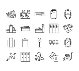 20 set of outline web airport icons such as seats, scanner, luggage, aeroplane, airplane vector thin icons for report, presentation, diagram, web design, mobile app
