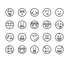 20 set of outline web emoticons icons such as surprised, ninja, kiss, in love, muted vector thin icons for report, presentation, diagram, web design, mobile app