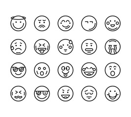 20 set of outline web emoticons icons such as sad, sad, cool, sick, happy vector thin icons for report, presentation, diagram, web design, mobile app