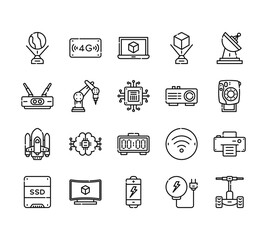 20 set of outline web technology icons such as g, router, rocket, ssd, battery vector thin icons for report, presentation, diagram, web design, mobile app