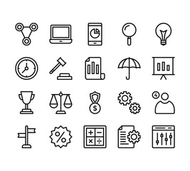 20 set of outline web business icons such as laptop, wall clock, trophy, panel, calculator vector thin icons for report, presentation, diagram, web design, mobile app