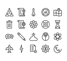 20 set of outline web business icons such as certificate, delete, chat, aeroplane, file vector thin icons for report, presentation, diagram, web design, mobile app