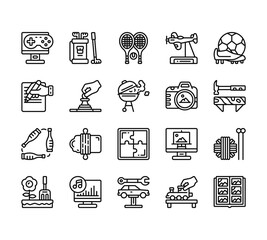 20 set of outline web hobby icons such as golf, writing, juggling, gardening, car repair vector thin icons for report, presentation, diagram, web design, mobile app