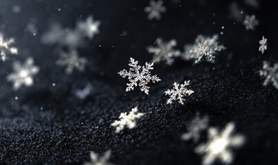 A close up of snowflakes on a black background